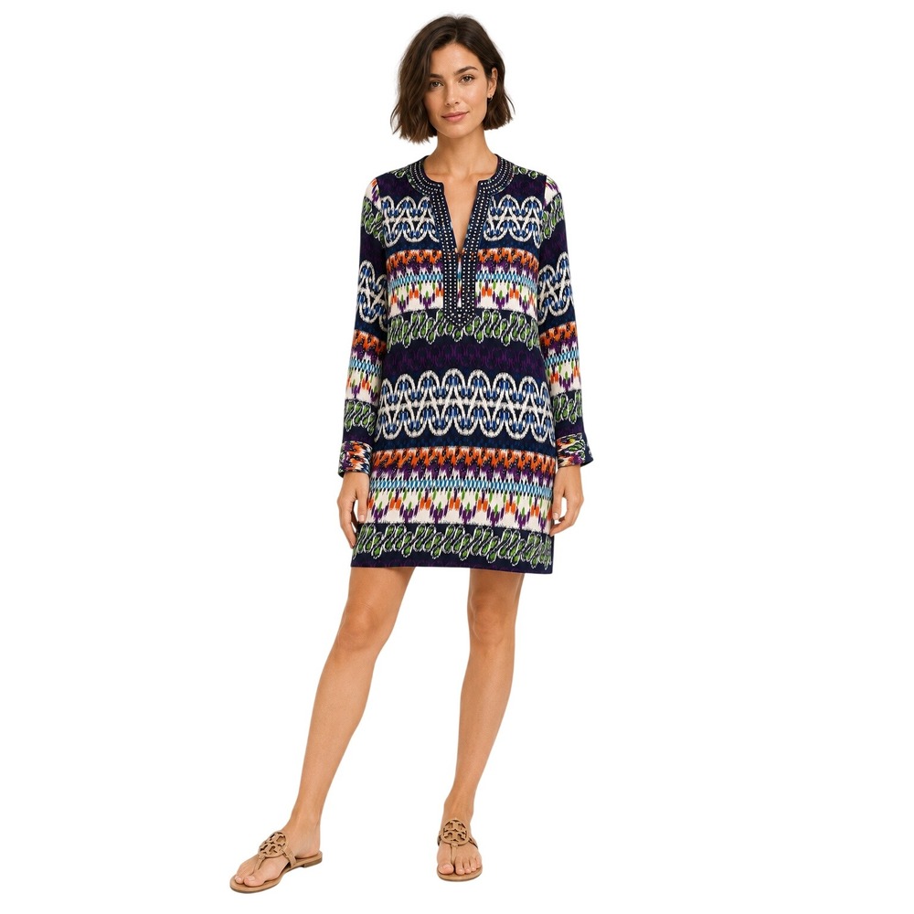 Tory Burch 100% Silk Ikat Print Studded Tunic Shift Dress Size S Multicolor